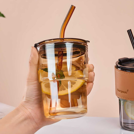 Leather grip glass water bottle with straw
