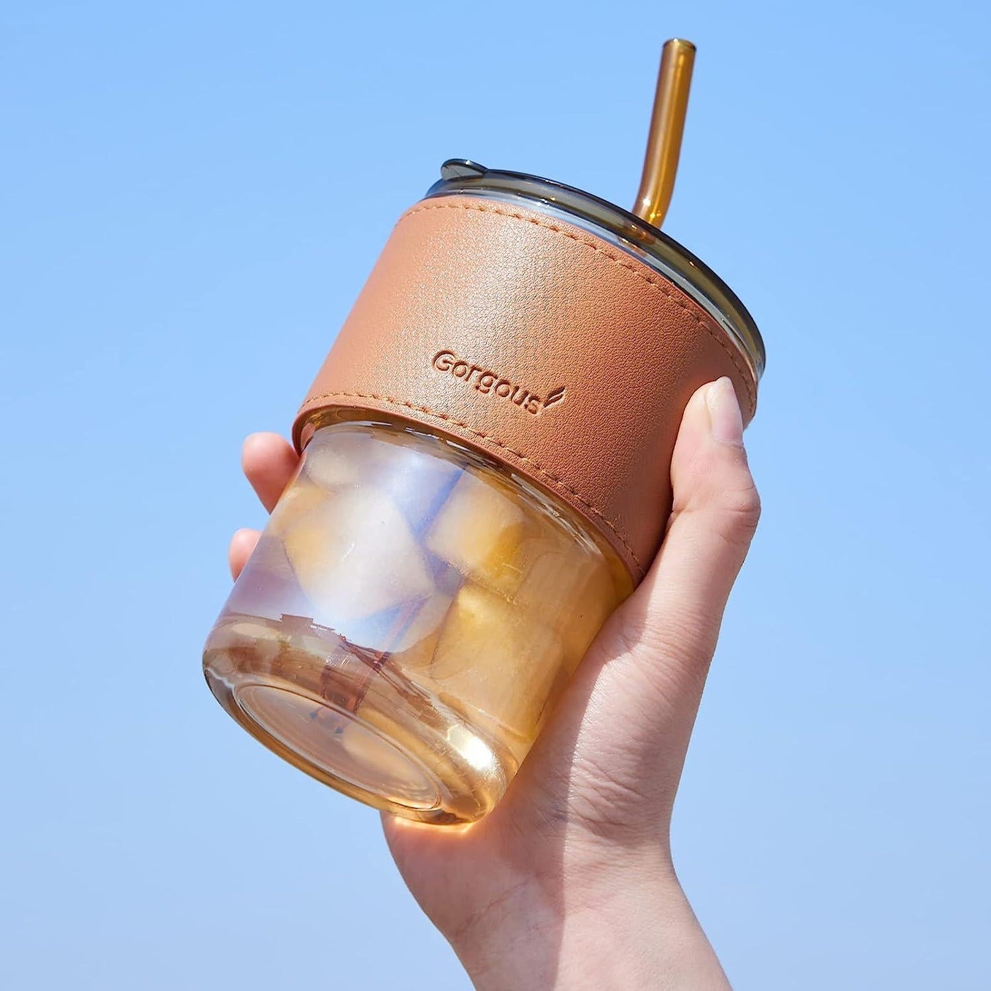 Leather grip glass water bottle with straw